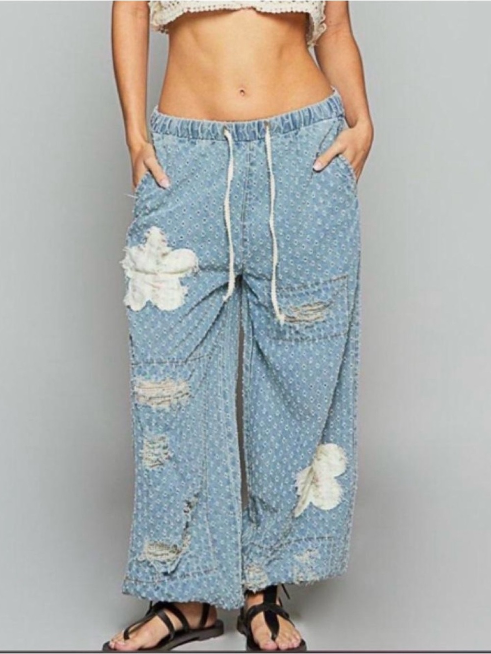 POL Patchwork Distressed Denim Jogger Pants L Boho Floral Lace